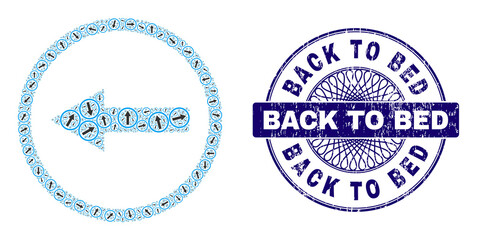 Recursive combination left rounded arrow and Back to Bed round grunge stamp imitation. Violet stamp seal includes Back to Bed caption inside circle and guilloche structure.