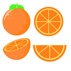 Vector collection of hand drawn orange. Set of color sketches with pieces of fruit. Drawings of branches and leaves. Engraving style. For packaging design, advertising, menus, recipe magazines.