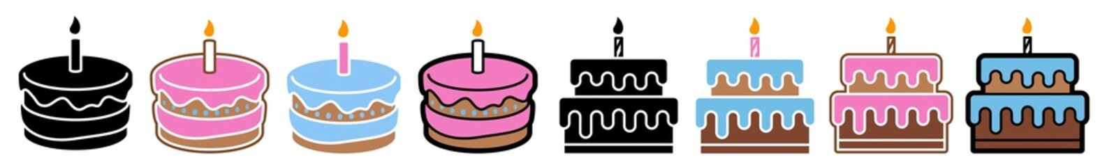 Birthday Cake Icon Happy Birthday Cake Set | Birthday Cakes Icon Candle Vector Illustration Logo | Birthday Cake-Candle Icon Isolated Birthday-Cake Collection