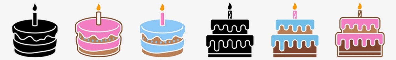 Birthday Cake Icon Set | Happy Birthday Cakes Icon Candle Vector Illustration Logo | Birthday Cake-Candle Icon Isolated Birthday-Cake Collection