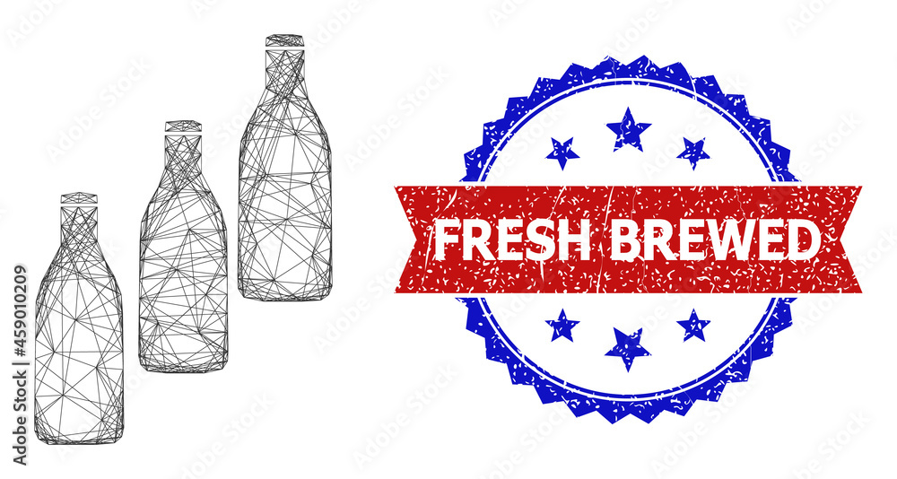 Poster mesh net beer bottles frame illustration, and bicolor dirty fresh brewed seal stamp. flat frame crea