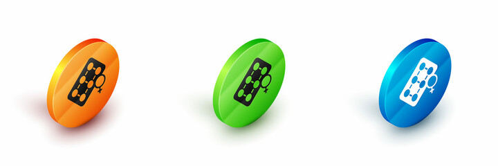 Isometric Packaging of birth control pills icon isolated on white background. Contraceptive pill. Circle button. Vector