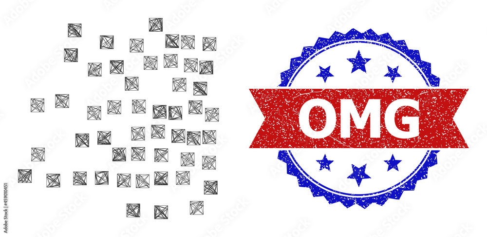 Poster mesh net scattered square particles frame icon, and bicolor textured omg watermark. flat frame creat