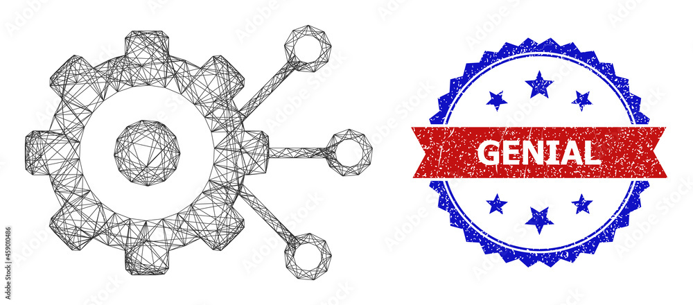Poster crossing mesh gear connections frame icon, and bicolor textured genial seal. flat structure created 