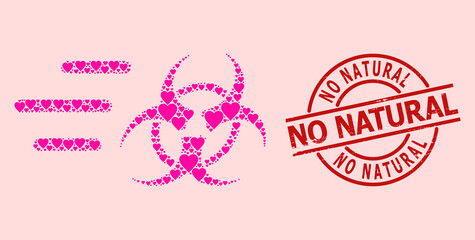 Textured No Natural seal, and pink love heart collage for rush biohazard. Red round seal has No Natural title inside circle. Rush biohazard collage is composed with pink amour items.