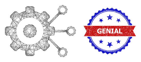 Crossing mesh gear connections frame icon, and bicolor textured Genial seal. Flat structure created from gear connections icon and crossing lines. Vector seal with scratched bicolored style,