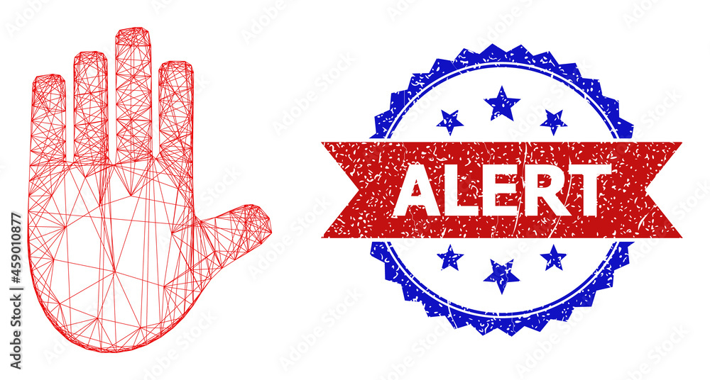 Poster crossing mesh stop hand framework icon, and bicolor grunge alert watermark. flat frame created from 