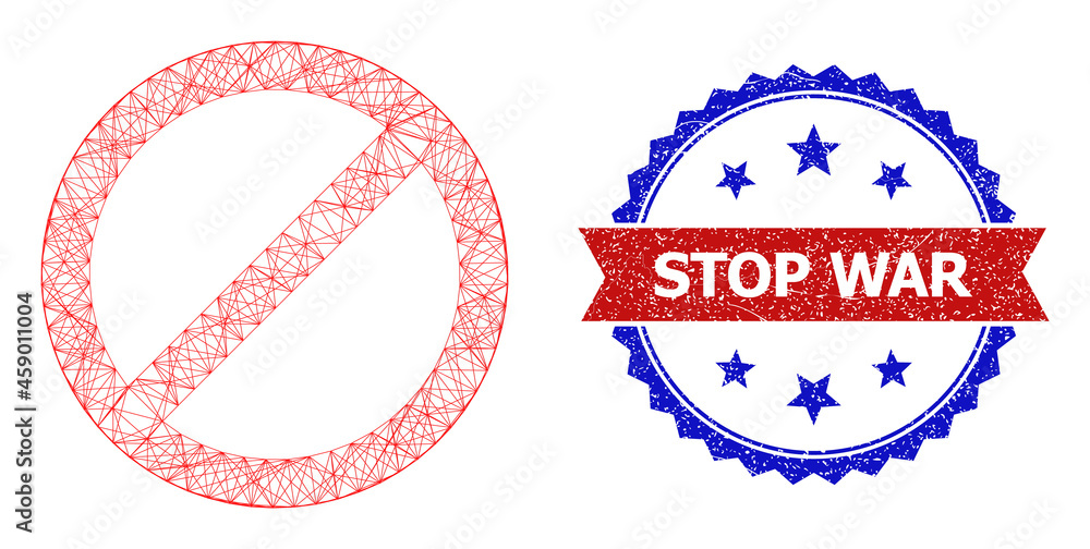 Poster net mesh stop wireframe icon, and bicolor dirty stop war watermark. flat mesh created from stop symb