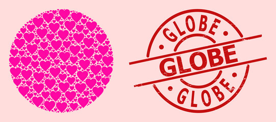 Textured Globe stamp seal, and pink love heart collage for circle. Red round stamp seal has Globe text inside circle. Circle collage is done of pink amour icons.