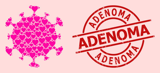 Distress Adenoma stamp seal, and pink love heart mosaic for covid virus. Red round stamp seal includes Adenoma tag inside circle. Covid virus mosaic is formed from pink romance items.