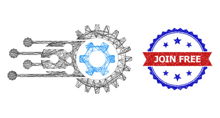 Mesh net transition gears frame icon, and bicolor rubber Join Free watermark. Flat frame created from transition gears icon and crossed lines. Vector seal with grunge bicolored style,