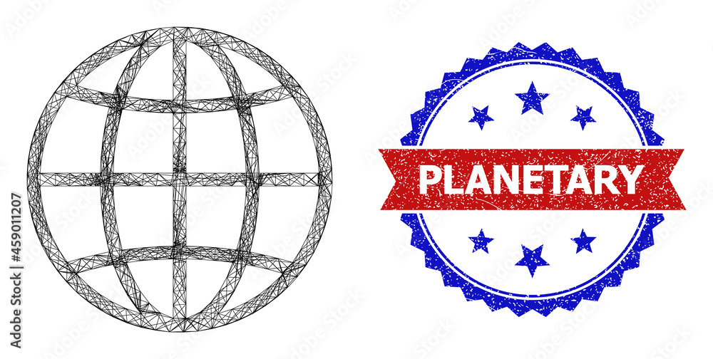 Poster net mesh globe framework icon, and bicolor rubber planetary watermark. flat structure created from g