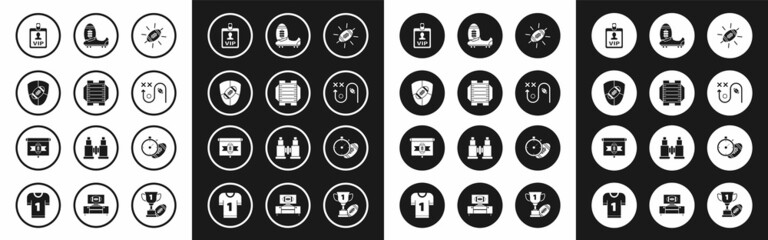 Set American Football ball, football field, and shield, VIP badge, Planning strategy concept, Soccer or shoes with spikes, stopwatch and tv program icon. Vector
