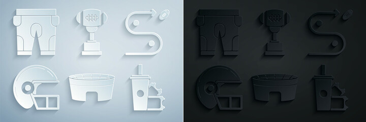 Set Football stadium, Planning strategy concept, American football helmet, ticket and paper glass soda with drinking straw, Award cup and shorts icon. Vector
