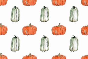 Pumpkin seamless pattern. Watercolor hand painted illustration. Halloween background, autumn collection