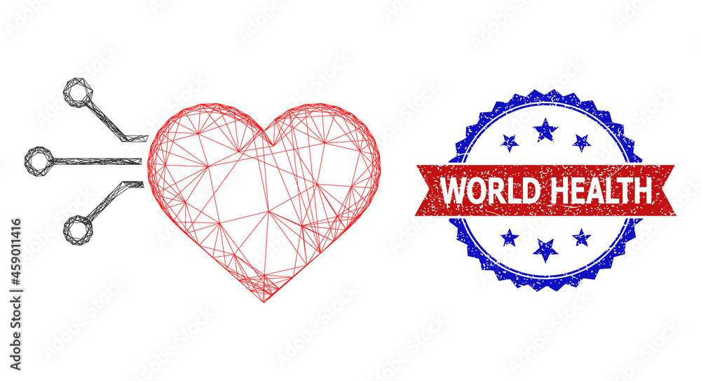 Poster net mesh heart sensor framework illustration, and bicolor grunge world health watermark. flat struct
