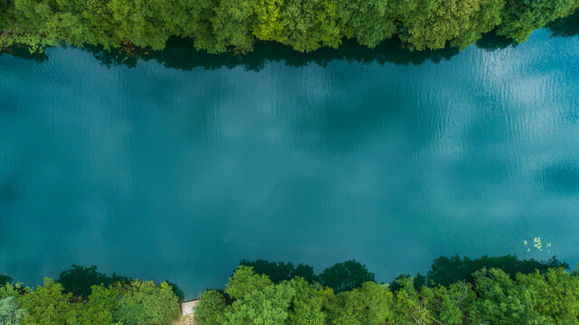 Aerial view of Mreznica river at sunset, Generalski Stol, Karlovac, Croatia.