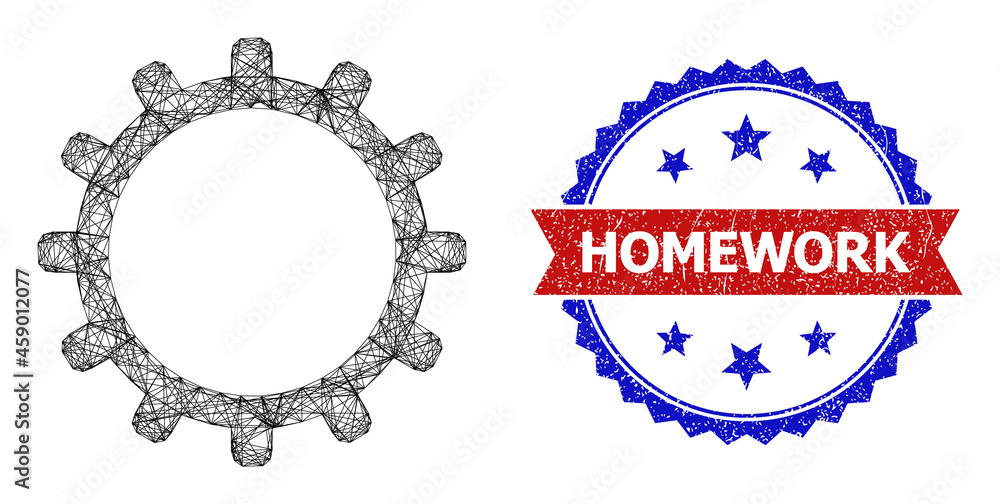 Poster crossing mesh cog framework icon, and bicolor grunge homework stamp. flat mesh created from cog symb