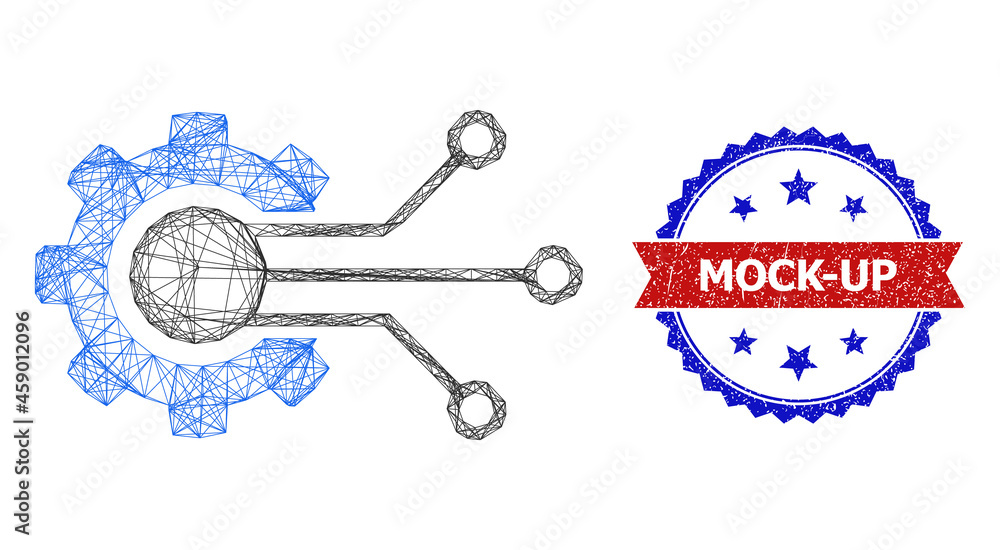 Poster net gear solution model icon, and bicolor dirty mock-up watermark. flat framework created from gear 