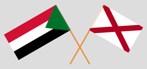 Fototapeta na wymiar Crossed flags of the Sudan and The State of Alabama. Official colors. Correct proportion
