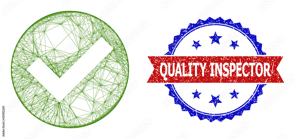 Poster mesh net yes mark wireframe illustration, and bicolor dirty quality inspector watermark. flat mesh c