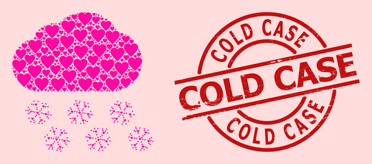 Rubber Cold Case stamp seal, and pink love heart pattern for snow cloud. Red round stamp seal contains Cold Case caption inside circle. Snow cloud collage is formed of pink amour items.