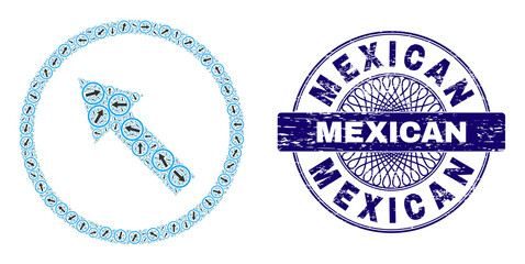 Fractal collage up-left rounded arrow and Mexican round grunge stamp imitation. Violet stamp seal includes Mexican text inside circle and guilloche ornament.