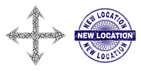 Recursion collage expand arrows and New Location round grunge stamp seal. Blue stamp includes New Location title inside circle and guilloche pattern.
