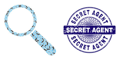 Recursion combination search tool and Secret Agent round corroded stamp seal. Blue stamp seal includes Secret Agent text inside circle and guilloche structure.