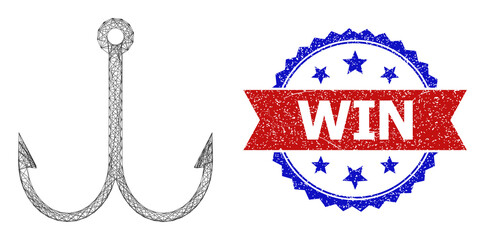 Mesh net double fish hook framework icon, and bicolor grunge Win seal. Flat frame created from double fish hook pictogram and intersected lines. Vector seal with grunge bicolored style,