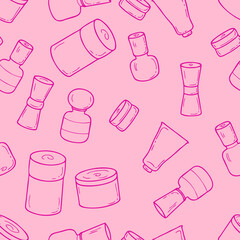 Hand drawn retro style cosmetic jars seamless pattern. Perfect for scrapbooking, poster, textile and prints. Doodle vector illustration for decor and design.