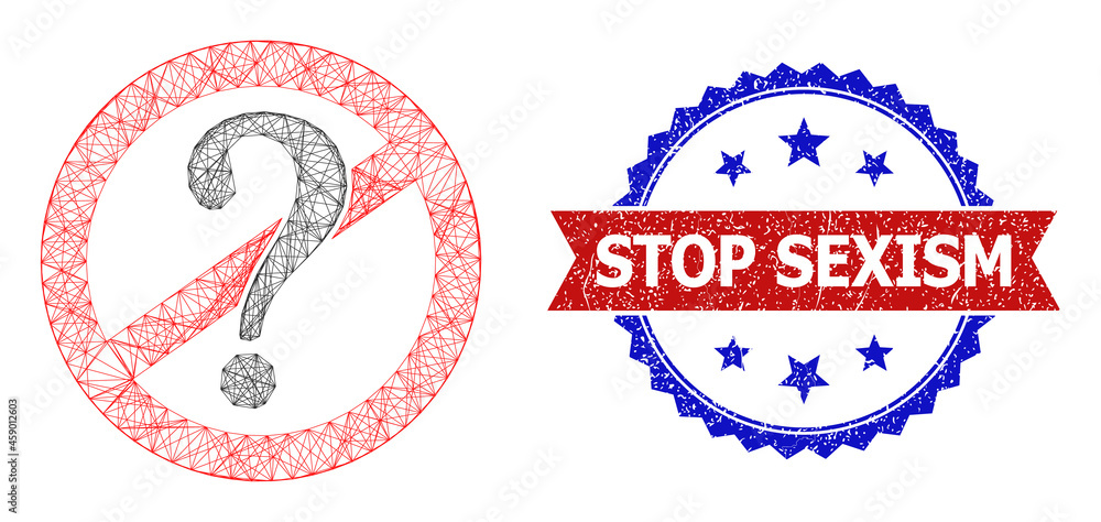 Poster network stop questions model icon, and bicolor textured stop sexism stamp. flat model created from s