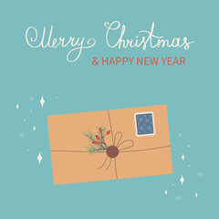 Christmas and Happy New Year envelope with, stamps and Christmas tree branch, tied with a rope. Vector design template