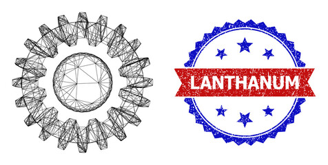 Crossing mesh cogwheel model illustration, and bicolor rubber Lanthanum watermark. Flat model created from cogwheel symbol and crossing lines. Vector imprint with retro bicolored style,