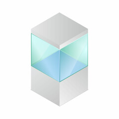 Isometric vector illustration empty glass cube isolated on white background. Realistic glass display box icon. Modern clear glass showcase. Transparent acrylic, plastic or plexiglass box for exhibit.

