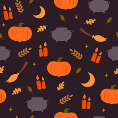 Autumn witch seamless pattern. Halloween decor. Pumpkin, hat, cauldron, candles. Magic dark cartoon pattern. Vector flat illustration. Cozy colors.