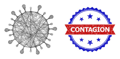 Mesh net Covid virus carcass icon, and bicolor scratched Contagion watermark. Flat model created from Covid virus icon and crossed lines. Vector watermark with corroded bicolored style,