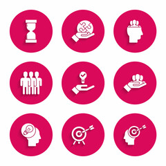 Set Light bulb in hand, Target with arrow, Head hunting concept, Project team base, Human head lamp, Users group, and Old hourglass flowing sand icon. Vector