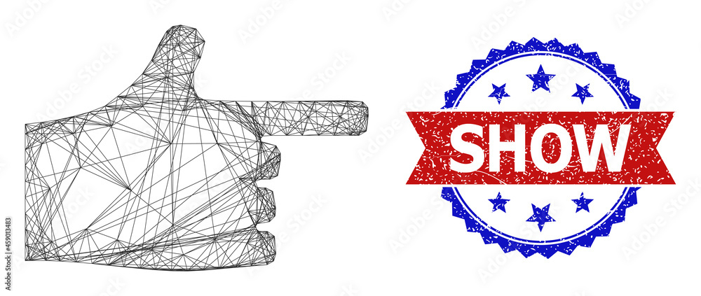 Poster crossing mesh index finger carcass icon, and bicolor rubber show seal. flat mesh created from index 