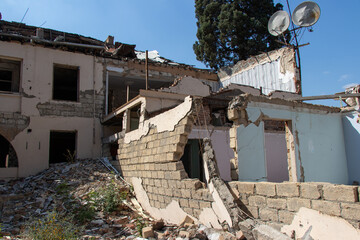 Ruins in Ganja city of Azerbaijan after the Armenian ballistic missile attack in October 2020. War crime