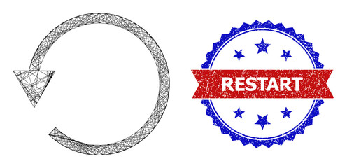 Crossing mesh rotate CCW carcass icon, and bicolor textured Restart watermark. Flat structure created from rotate CCW pictogram and crossing lines. Vector watermark with grunge bicolored style,