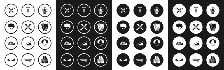 Set Aqualung, Ski and sticks, Helmet, Rubber flippers for swimming, Bicycle, Parachute and on street ramp icon. Vector © Oksana