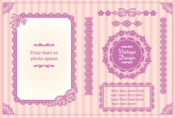 アンティークなお花レースのフレーム、リボン素材セット。ベクター素材。