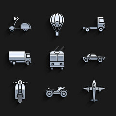 Set Trolleybus, All Terrain Vehicle or ATV motorcycle, Old retro vintage plane, Sedan car, Scooter, Delivery cargo truck vehicle, and icon. Vector