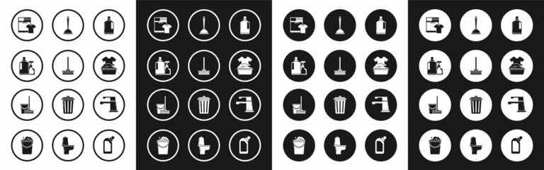 Set Plastic bottles for liquid dishwashing liquid, Mop, Washer and t-shirt, basin with soap suds, Toilet plunger, Water tap and bucket icon. Vector