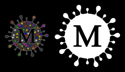 Glossy mesh Mu coronavirus constellation icon with lightspots. Illuminated vector constellation is created from Mu coronavirus icon. Sparkle carcass mesh Mu coronavirus on a black background.