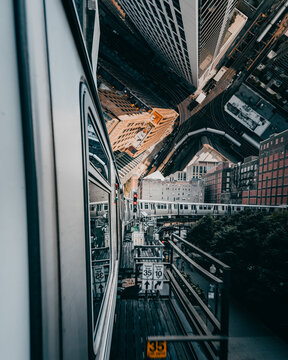 Aerial view of downtown Chicago in droneception style, Chicago, USA.