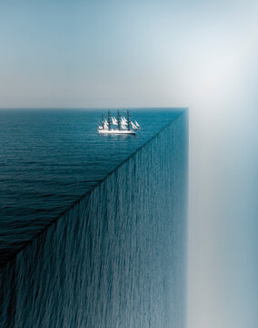Aerial view of Sailing ship on edge of the world, Vladivostok, Russia.