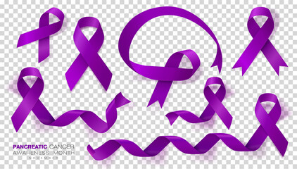 Pancreatic Cancer Awareness Month. Purple Color Ribbon Isolated On Transparent Background. Set