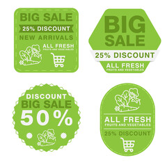 Set of green labels and badges promotion big sale fresh vegetables and fruits